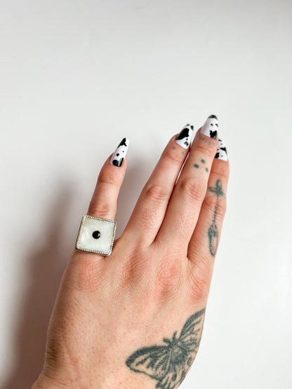 Obsidian Inlaid Mother of Pearl Dice Ring In Sterling Silver size 5.5