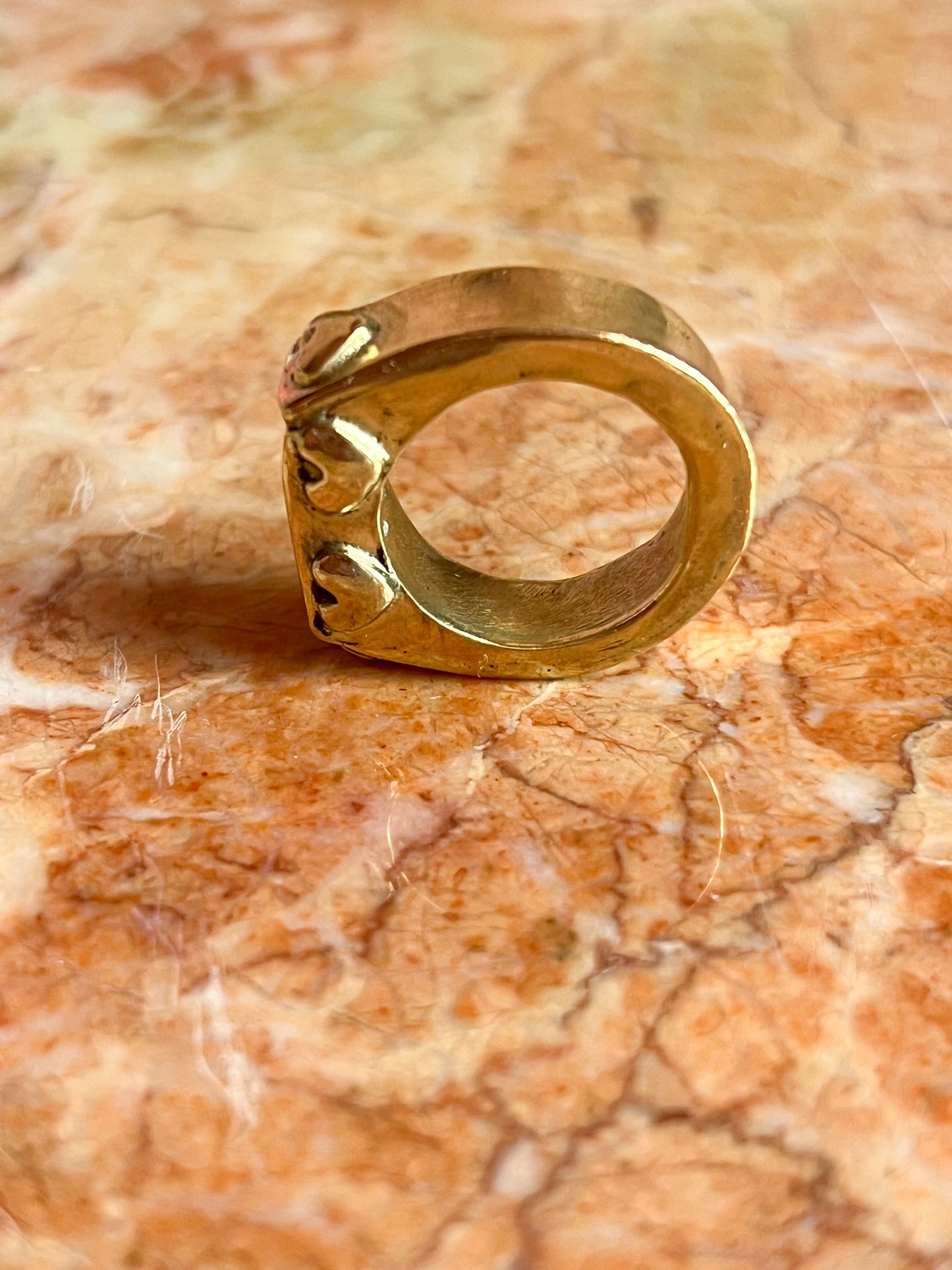 Brass Hollow Formed Ring with Vintage Heart Details and Inlaid Mother of Pearl