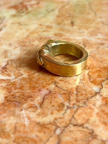 Brass Hollow Formed Ring with Vintage Heart Details and Inlaid Mother of Pearl