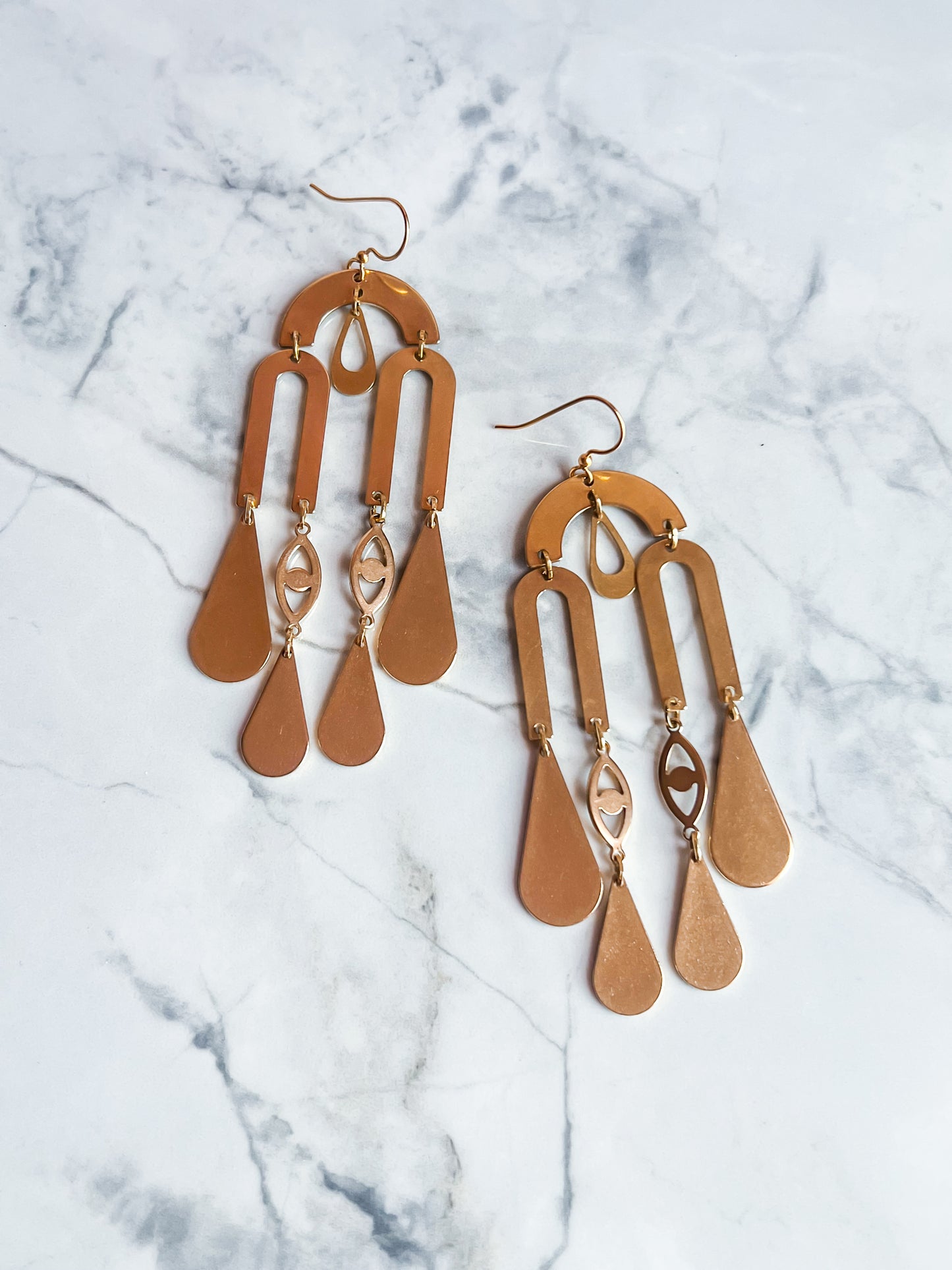 Crying Eye Shiny Brass Chandelier Earrings