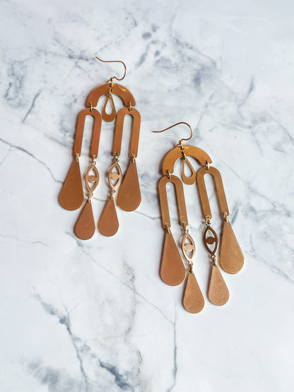 Crying Eye Shiny Brass Chandelier Earrings
