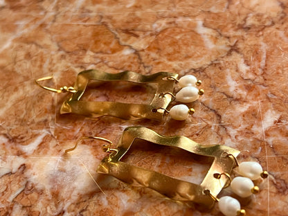 Brass Wiggly Frame Earrings Fringed with Seed Pearls