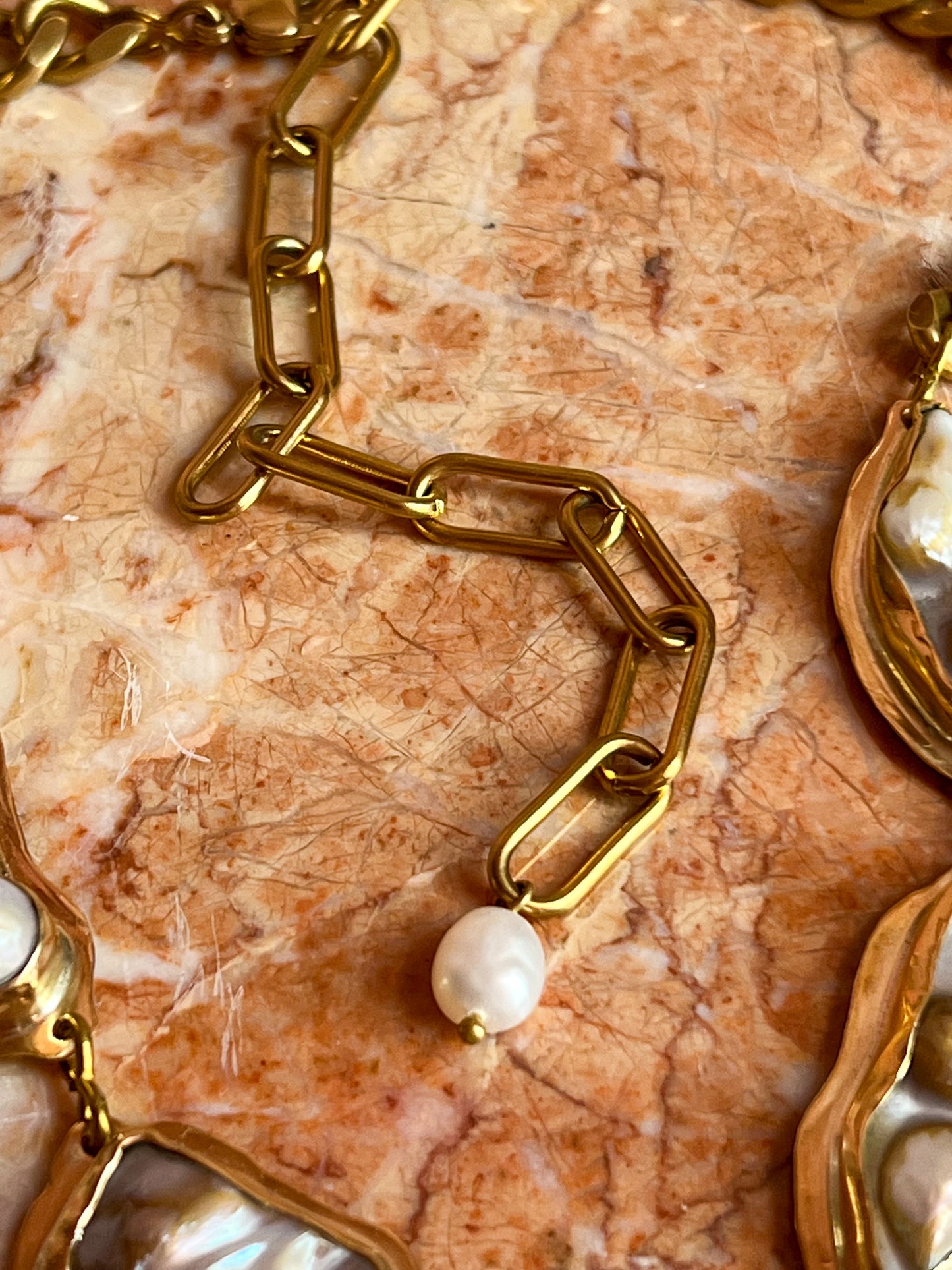 Heavy Statement Bezel-Set Pearl Cluster Chain Necklace