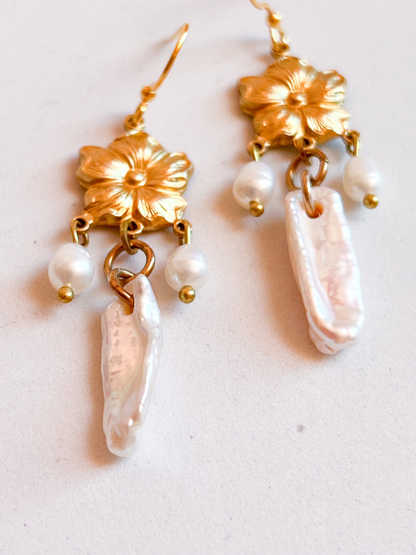 Antique Brass Flower Earrings With Baroque Pearl Fringe