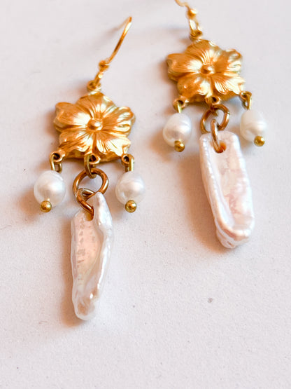 Antique Brass Flower Earrings With Baroque Pearl Fringe