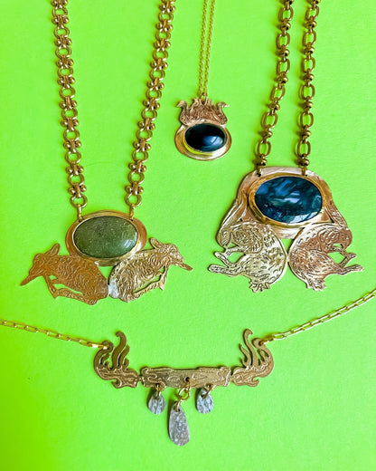 Etched Brass Twin Fawn and Serpentine Chestplate with vintage deadstock chain