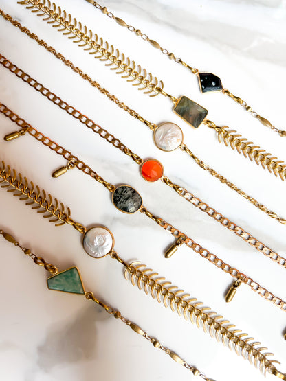 Vintage brass chain adjustable anklets with pearl or stone
