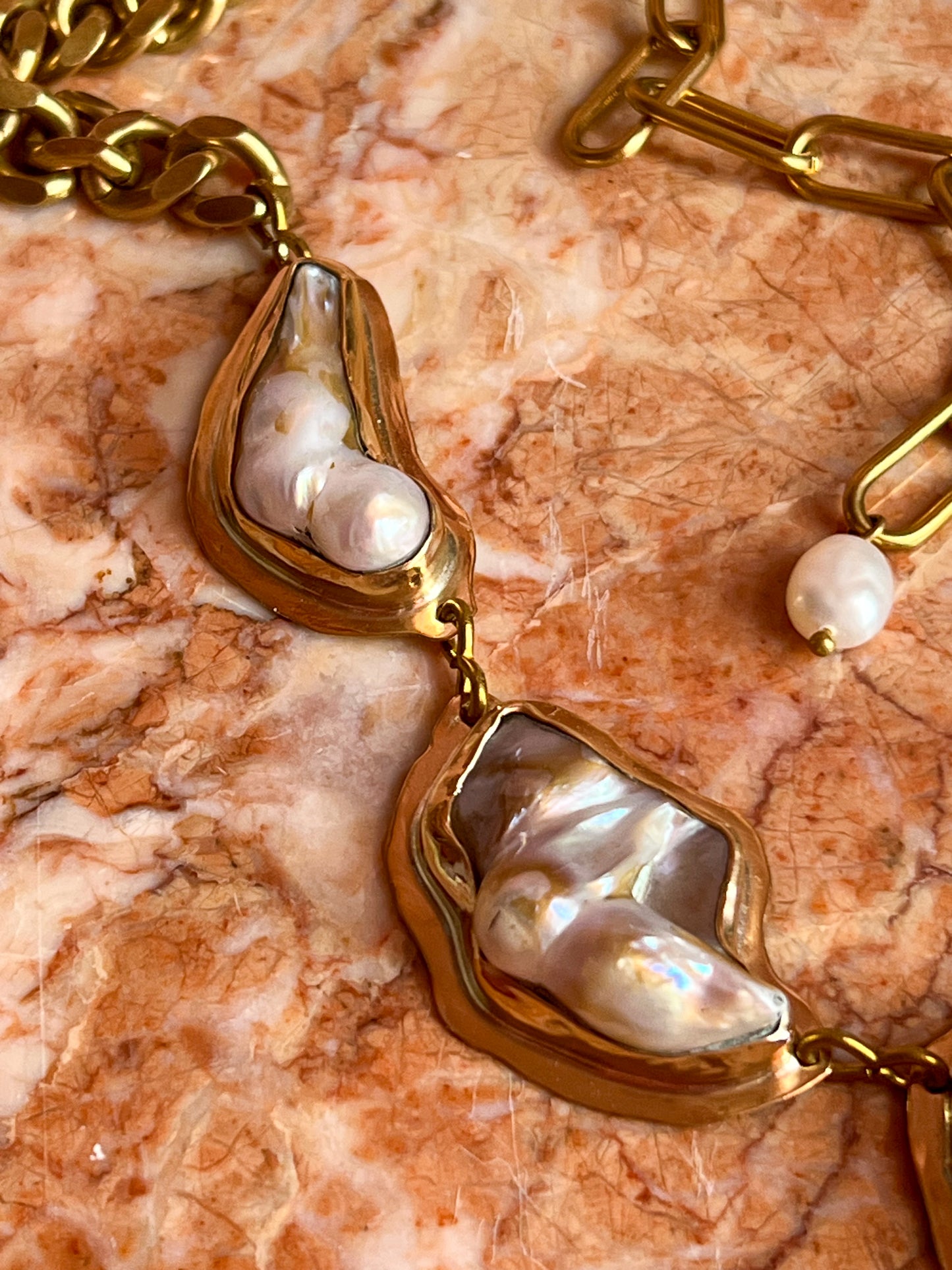 Heavy Statement Bezel-Set Pearl Cluster Chain Necklace