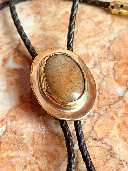 Red Aventurine Brass Bolo Tie with Brown Leather Cord and Gold Tone Tips