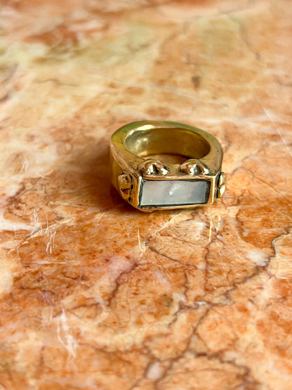 Brass Hollow Formed Ring with Vintage Heart Details and Inlaid Mother of Pearl