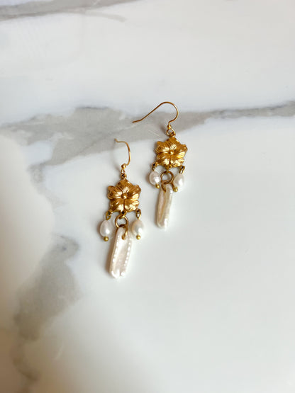 Antique Brass Flower Earrings With Baroque Pearl Fringe