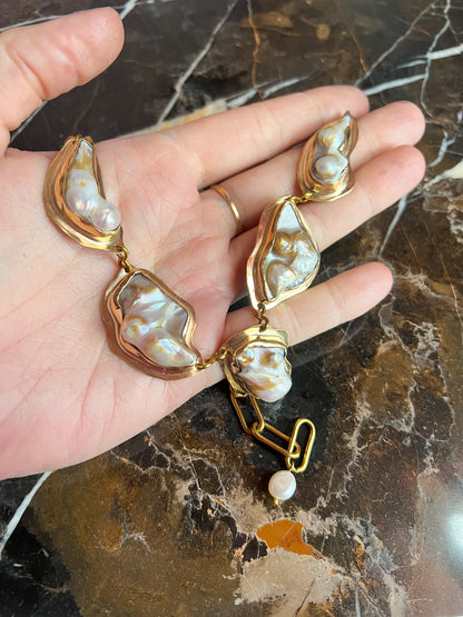 Heavy Statement Bezel-Set Pearl Cluster Chain Necklace