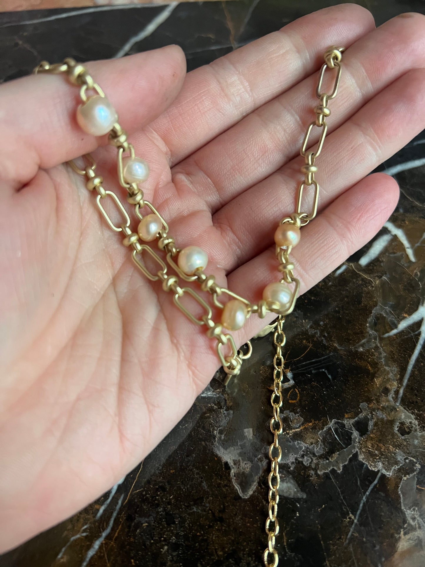Vintage Matte Finish Chain Necklace with Captive Peach and Cream Pearls