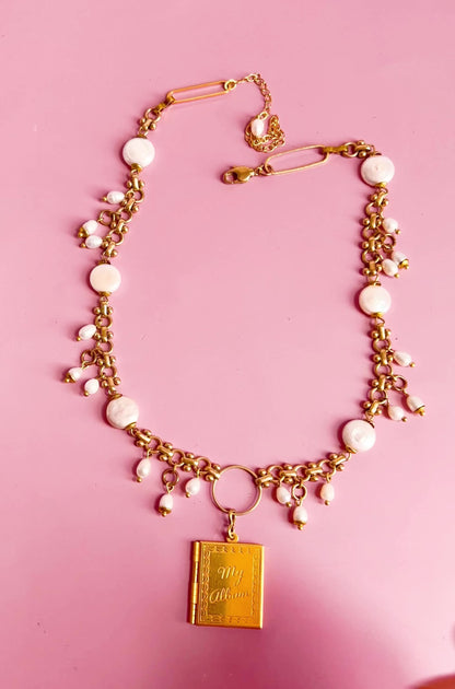 Vintage Deadstock Brass Chain Necklace With 70's "My Album" Photo Locket, Brass Capped White Coin, and Rice Pearl Fringe