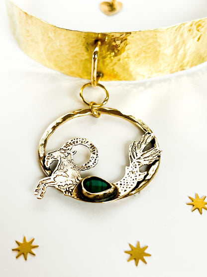 Capricorn Malachite Brass Hammered Choker Collar with Adjustable Chain