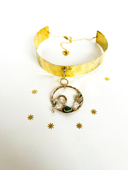 Capricorn Malachite Brass Hammered Choker Collar with Adjustable Chain