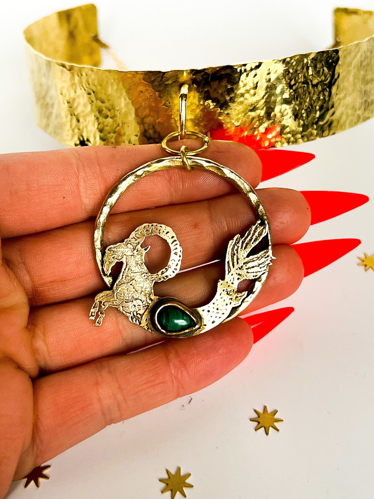 Capricorn Malachite Brass Hammered Choker Collar with Adjustable Chain